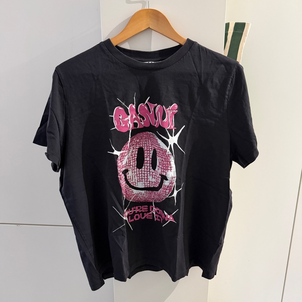 Ganni Black Tee with Pink Smiley Graphic